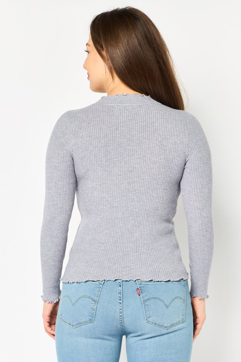 Buzz Women Mock Neck Long Sleeve Knitted Blouse, Grey - Image 2
